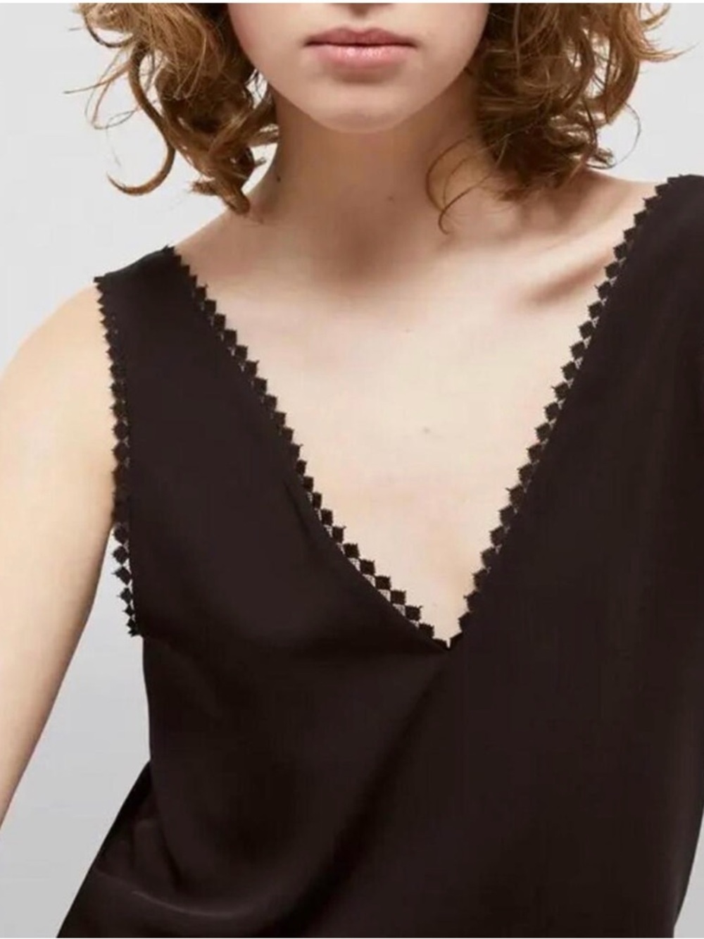 The Kooples Black V-Neck Lace-Edge Top US XS Fr0 Tank Cami Whimsgoth Rock
